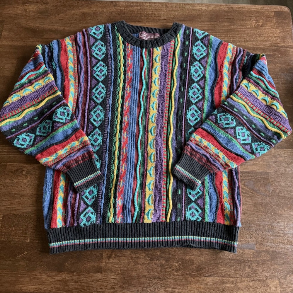 John Ashford Vintage 3D Textured Knit Sweater Mens XL Multicolor Coogi Style